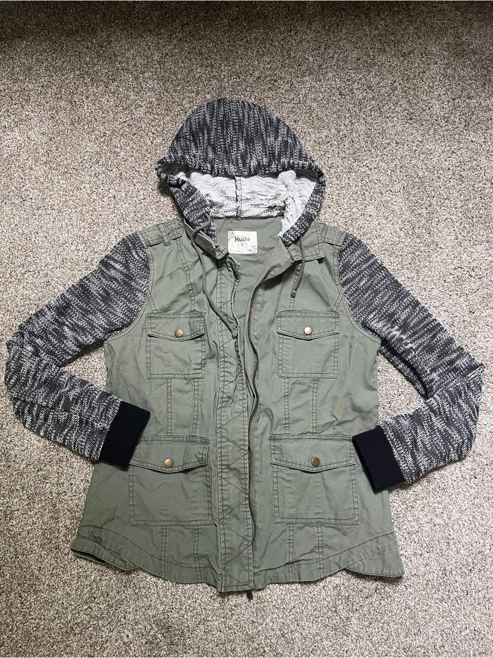 Mudd Olive Utility Jacket with Gray Knit Hood & Sleeves